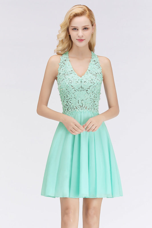 V-Neck Knee Length Floral Lace Birdesmaid Dresses