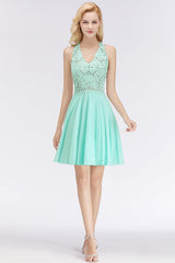 V-Neck Knee Length Floral Lace Birdesmaid Dresses