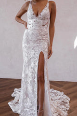 Mermaid V Neck Lace Boho Wedding Dresses with Slit