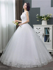 V-Neck Lace Tank Sleeveless Floral Print Ball Gown Wedding Dress