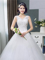V-Neck Lace Tank Sleeveless Floral Print Ball Gown Wedding Dress