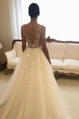 A-Line V Neck Lace Backless Rustic Wedding Dress