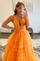 V Neck Layered Tulle Long Prom Dresses Orange Aline Formal Evening Dresses