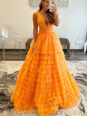 V Neck Layered Tulle Long Prom Dresses Orange Aline Formal Evening Dresses