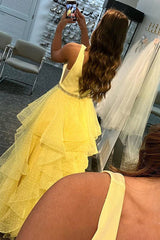 V Neck Layered Yellow Tulle Long Prom Dresses with Belt, V Neck Yellow Formal Graduation Evening Dresses