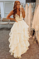 V Neck Layered Yellow Tulle Long Prom Dresses with Belt, V Neck Yellow Formal Graduation Evening Dresses