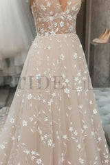 V Neck Light Champagne Lace Floral A Line Wedding Dress Formal Graduation Dresses