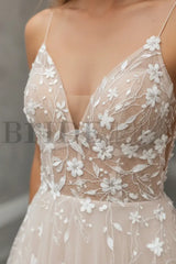 V Neck Light Champagne Lace Floral A Line Wedding Dress Formal Graduation Dresses