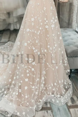 V Neck Light Champagne Lace Floral A Line Wedding Dress Formal Graduation Dresses