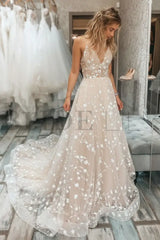 V Neck Light Champagne Lace Floral A Line Wedding Dress Formal Graduation Dresses
