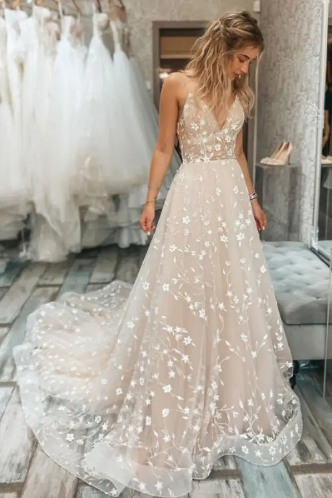 V Neck Light Champagne Lace Floral A Line Wedding Dress Formal Graduation Dresses