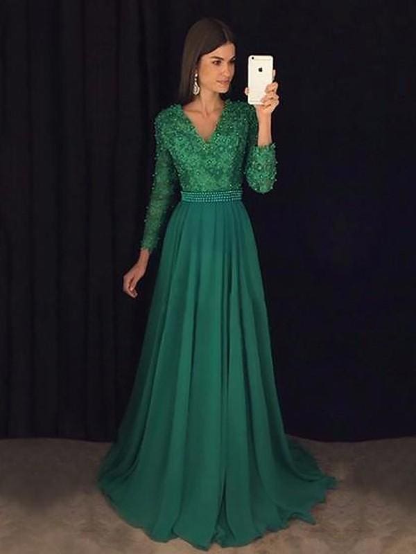 V-Neck Long Sleeves A-line Sweep/Brush Train With Lace Chiffon Dresses