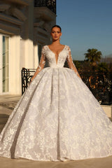 V-Neck Long Sleeves Lace Satin Ball Gown Wedding Dress with Applique