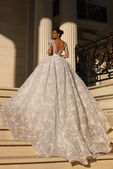 V-Neck Long Sleeves Lace Satin Ball Gown Wedding Dress with Applique