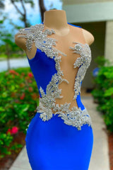 V-neck zeemeermin appliques kanten lovertjes open rug een schouder vloer lengte mouwloze prom-jurk