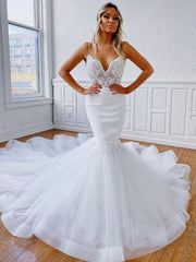 V Neck Mermaid Backless Wedding Dresses White Chapel Train Lace Bridal Dress