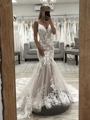 V Neck Mermaid Champagne Lace Wedding Dresses Tulle Long Bridal Gown