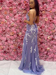V Neck Mermaid Open Back Purple Lace Long Prom Dresses with High Slit, Mermaid Purple Formal Graduation Evening Dresses