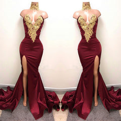 V-Neck Mermaid Prom Dress in Burgundy With Split and Lace Appliques