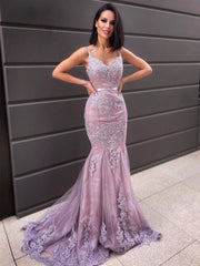 V Neck Mermaid Purple Lace Long Prom Dresses, Mermaid Purple Formal Dresses, Purple Lace Evening Dresses