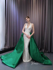 V-neck Mermaid Wedding Dresses with Green Satin Overskirt Train, Removable Sleeves 231081