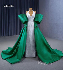 V-neck Mermaid Wedding Dresses with Green Satin Overskirt Train, Removable Sleeves 231081
