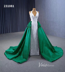 V-neck Mermaid Wedding Dresses with Green Satin Overskirt Train, Removable Sleeves 231081