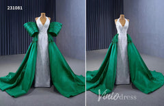 V-neck Mermaid Wedding Dresses with Green Satin Overskirt Train, Removable Sleeves 231081