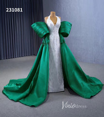 V-neck Mermaid Wedding Dresses with Green Satin Overskirt Train, Removable Sleeves 231081