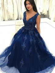 V Neck Navy Blue Lace Long Prom Dresses, Navy Blue Lace Formal Dresses, Lace Floral Evening Dresses