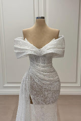 V-Neck Off-the-Shoulder Beaded Sequins Wedding Dress Mermaid with Side Split