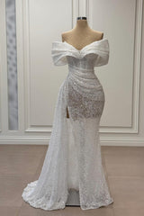 V-Neck Off-the-Shoulder Beaded Sequins Wedding Dress Mermaid with Side Split