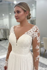 V-neck Open Back Appliques Lace A-Line Wedding Dresses Long Sleeve