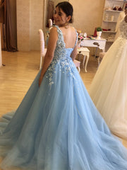 V Neck Open Back Blue Lace Long Prom Dresses, Blue Tulle Formal Dresses, Blue Lace Evening Dresses