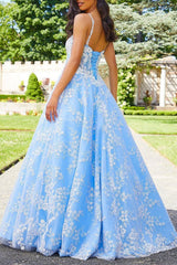 V Neck Open Back Blue Long Prom Dresses with Lace Appliques, Blue Lace Formal Dresses, Blue Evening Dresses