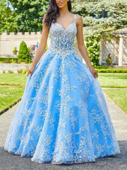 V Neck Open Back Blue Long Prom Dresses with Lace Appliques, Blue Lace Formal Dresses, Blue Evening Dresses