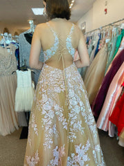 V Neck Open Back Champagne Tulle Lace Long Prom Dresses, Champagne Lace Formal Graduation Evening Dresses