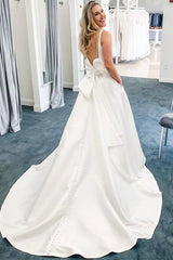 V Neck Open Back White Satin Long Prom Dresses with Train, V Neck White Formal Graduation Evening Dresses