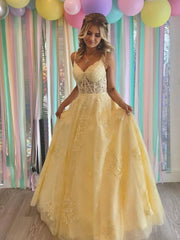 V Neck Open Back Yellow Lace Tulle Prom Dresses Sleeveless Aline Formal Evening Dresses