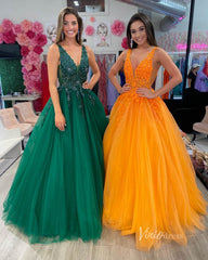 V-neck Orange Tulle Long Prom Dresses 2024 Backless Elegant Gowns FD2940b