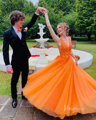 V-neck Orange Tulle Long Prom Dresses 2024 Backless Elegant Gowns FD2940b