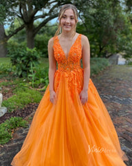 V-neck Orange Tulle Long Prom Dresses 2024 Backless Elegant Gowns FD2940b