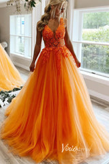 V-neck Orange Tulle Long Prom Dresses 2024 Backless Elegant Gowns FD2940b
