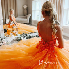 V-neck Orange Tulle Long Prom Dresses 2024 Backless Elegant Gowns FD2940b