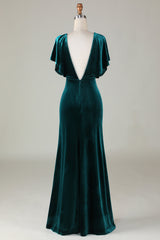 V-Neck Peacock Green Ruffle Sleeves Vlevet Bridesmaid Dress