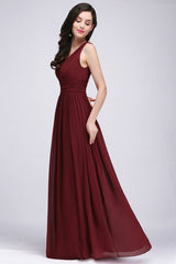 V-Neck Pleated Chiffon A-line Burgundy Bridesmaid Dress