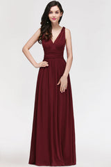 V-Neck Pleated Chiffon A-line Burgundy Bridesmaid Dress