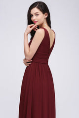 V-Neck Pleated Chiffon A-line Burgundy Bridesmaid Dress