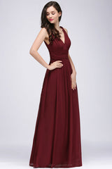 V-Neck Pleated Chiffon A-line Burgundy Bridesmaid Dress