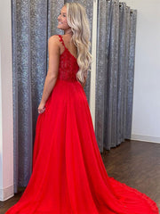 V Neck Red Lace Long Prom Dresses with High Slit, Red Lace Formal Graduation Evening Dresses